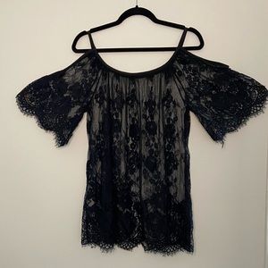 Black lace open shoulder swimsuit coverup dress